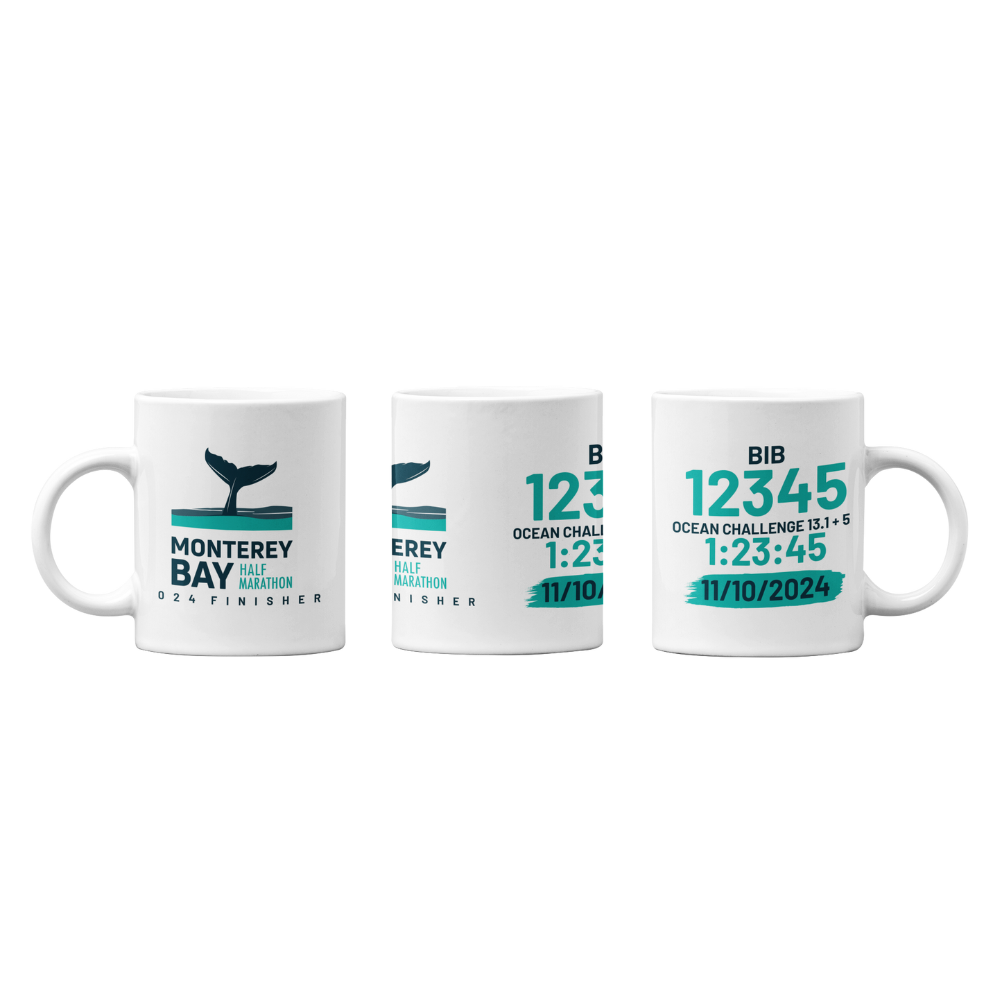 2024 Monterey Bay Half Marathon Finisher Mug with Personalized Bib and Time