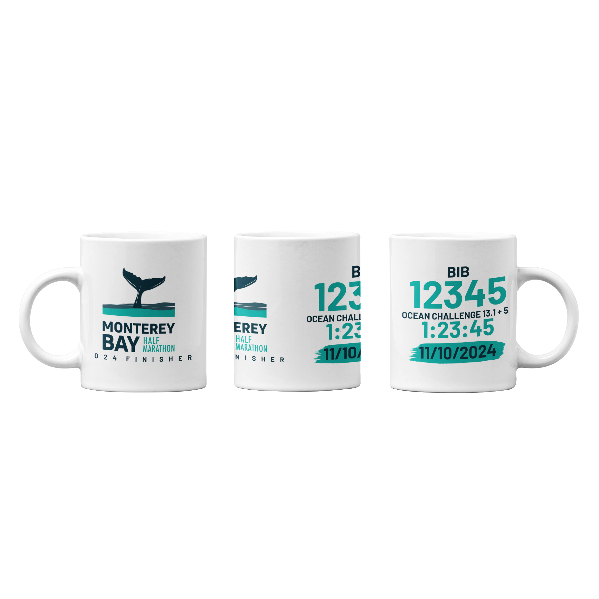 2024 Monterey Bay Half Marathon Finisher Mug with Personalized Bib and Time